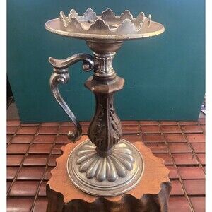 Vintage Mid Century Medieval Gothic Style Candle Holder Pewter & Faux Wood